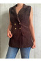 Double-Breasted Collar Gold Detail Button Velvet Line Textured Blazer Vest - 3