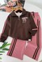 Sequin Bow Detailed Striped Girls' 3-Piece Tracksuit Set - Brown