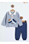 Boy's Blue Polo Collar Buttoned Mountain Figured Bottom and Top Tracksuit Set 7147- - 2