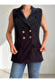 Double-Breasted Collar Gold Detail Button Velvet Line Textured Blazer Vest - 4
