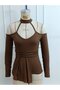Women's off-the-shoulder mock neck long sleeve v-neck pleated viscose blouse - 4