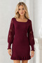 Women's Long Sleeve U-Neck Lace Detailed Skirt Ruffle Fit Stretchy Stylish Casual Burgundy Knitwear Tunic Dress - 5