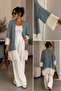 Women's Kimono Blue White Long Loose Knitwear Cardigan with Pockets - 4