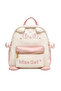 Miss Gail Cat Design Backpack features a playful cream-and-pink color combination with an embroidered cat face, soft 3D ear details, paw-style side accents and matching pink trim. The roomy main compa