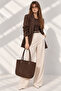 Women's Brown Hand-Knitted Leather Handle Large Size Daily Shoulder and Shoulder Bag