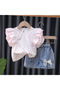 Girls’ Jeans 2-Piece Set | 12 -18 Months | Pink & Blue | Cotton & Denim |Top&Shorts | Stylish - 2