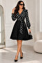 Women's Double Breasted V-Neck Patterned Long Sleeve Belted Flared Dress Timeless Elegance Casual Wear - 6