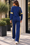 Comfortable Elegance Women's Gold Stripe Detailed Crew Neck Top Wide Leg Pants Viscose Two-Piece Set - 3