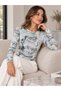 Women's Green Cream Boat Neck Side Gathered Detailed Lined Long Sleeve Viscose Elastane Blouse - 2
