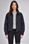 Women's Navy Blue Leather Collared Oversize Coat with Zipper Pockets - 2