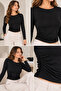 Women's Black Boat Neck Side Gathered Detailed Lined Long Sleeve Viscose Elastane Blouse - 3