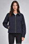 Women's Navy Blue Leather Collared Oversize Coat with Zipper Pockets - 3