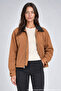 Women's Tan Leather Collared Oversize Coat with Zipper Pockets - 2