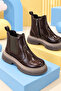 Children's Unisex Bitter Brown Patent Leather Thick Serrated Thermo Sole Zippered Elastic Chelsea Boots - 3