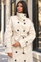 Women's Stand Collar Double-Breasted Belted Long Trench Coat - Ecru - 3