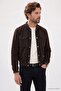 Men's Relax Fit Comfortable Cut Suede Look Ribbed Collar Lined Brown Bomber Jacket with Pockets - 4