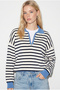 Women's Navy Blue Polo Collar Zippered Striped Oversize Knitwear Sweater 2757 60286481 - 4