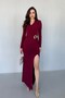 Burgundy Double-Breasted Long Dress with Waist Buckle and Slit