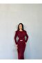 Burgundy gold accessorized ruched long dress - 4