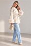 Women's Beige Belted Short Coat with Fur Sleeves and Details Nbstr2026 - 5