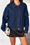 Women's Oversized Denim Jacket with Epaulet Detail and Zipper - 7
