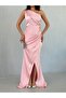 Powder One-Shoulder Slit Detailed Long Evening Dress - 6