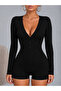 Long Sleeve V-Neck Buttoned Shorts Pajama Jumpsuit - 2