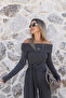 Gray Boat Neck Tie-Detail Blouse and Trousers Set - 3