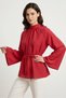 Red Stand Collar Lace-Up Wide Sleeve Oversize Blouse - 3