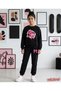 Winter Girls' Black and Pink Teddy Bear and Ribbon Printed Cotton Tracksuit Set