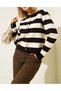 Gold Button Detailed Crew Neck Striped Trendy Basic Women's Cardigan - 2