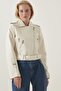 Cream Zippered Belt Detailed Jacket, Short, with Pockets, Long Sleeves - 2