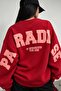 Women's Oversize Sweatshirt Paradise Varsity Embossed Printed Red – Crew Neck, 3 Thread Rastering - 4