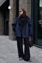 Premium Navy Blue Denim Black Textured Suede Oversize Zr Model Coat Jacket with Plush Inside - 2