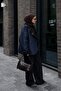 Premium Navy Blue Denim Black Textured Suede Oversize Zr Model Coat Jacket with Plush Inside - 4
