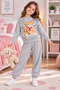 Girl's Teddy Bear Printed City Bear Gray Tracksuit Set