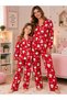 Red Suede Fabric Snowman Snowflake Patterned Shirt Collar Pajama Set Suitable for Girl and Mother