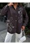 Women's Front Beaded Embroidered Denim Oversize Shirt - 3