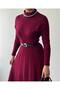 Women's High Neck Belted Long Knit Dress - 3
