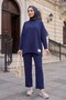 Round Neck Oversize Lycra Combed Cotton Suit with Long Pants and Pockets on the Back - Dark Blue - 3