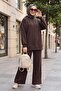Pantsuit with Side Slits and Grass-Green Front Panel - Dark Brown