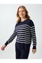 Navy Blue Striped Patterned Crew Neck Basic Knit Sweater - 3