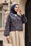 Shirt Collar Mixed Pattern Buttoned Front Quilted Jacket -Indigo