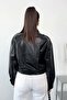 Women's Stand Collar Double Pocket Zippered Leather Coat Black - 27K 141 - 5