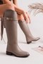 Massi̇ Model Genuine Leather Mink Removable Buckle Thick Heel Daily Women's Boots - 3