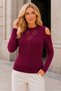 Women's Crew Neck Long Sleeve Off Shoulder Hair Braided Small Pompom Stylish Casual Burgundy Knitwear Sweater - 2
