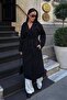 Women's Black Double-Breasted Collar Wool Textured Belted Oversize Cashmere Coat - 3