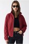 4990 Women's Stand Collar Plaid Patterned Zippered Bomber Jacket Red - 5