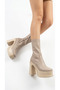 Women's Platform Sole Thick Heeled Shiny Stretch Short Boots - 4