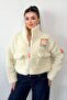 Women's Stand Collar Plush Coat with Arma Detail White - 5040 - 4